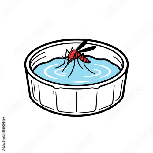 A mosquito perched on a container filled with water. Isolated on a white background.