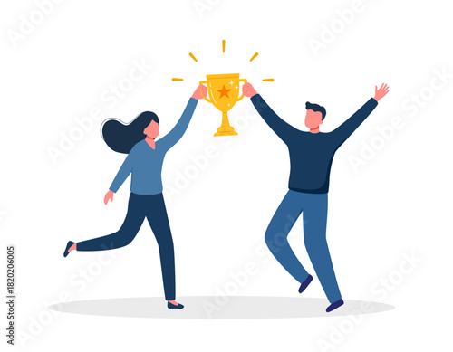 Man and woman get reward trophy and celebrating victory. Team work.