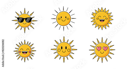 A collection of six happy cartoon suns with different expressions.