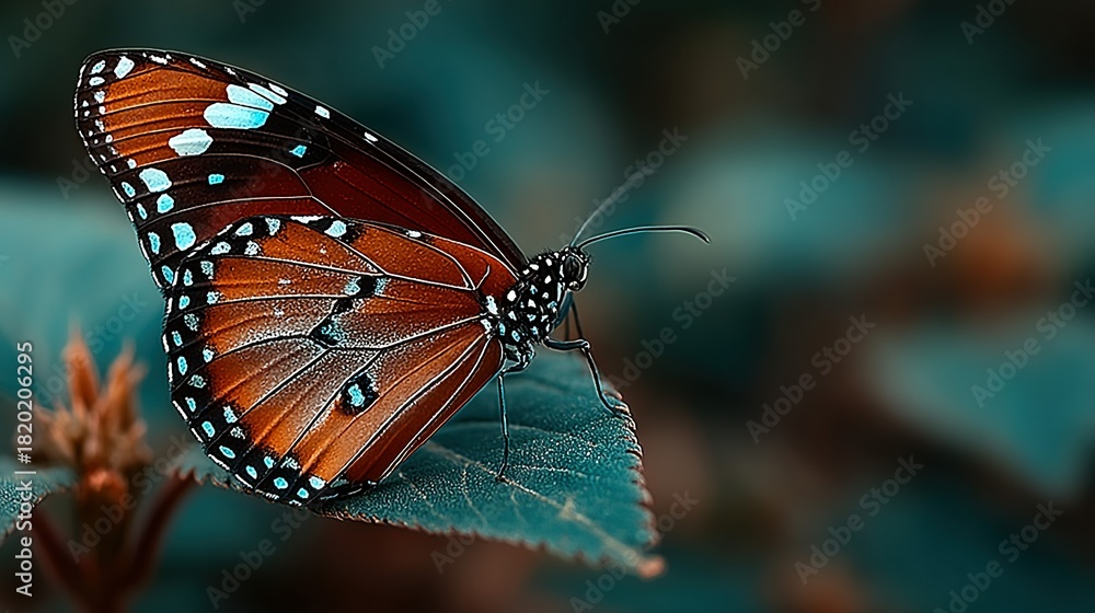 Obraz premium Butterfly resting on a leaf with blurred background.