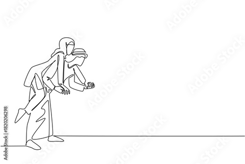One line drawing depicts a loving Arab couple sharing a piggyback moment, symbolizing trust and happiness within a relationship under the love concept for National Loving Day.