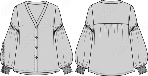 Women's Fashion Button-Up Cardigan Blouse Technical Flat Sketch with Shirring Details, Voluminous Puff Sleeves, and Smocked Cuffs, Front and Back View