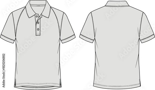 Classic Men's Short Sleeve Polo Shirt Fashion Flat Technical Sketch Vector Illustration Template Featuring Collar Placket Buttons and Raglan Seams