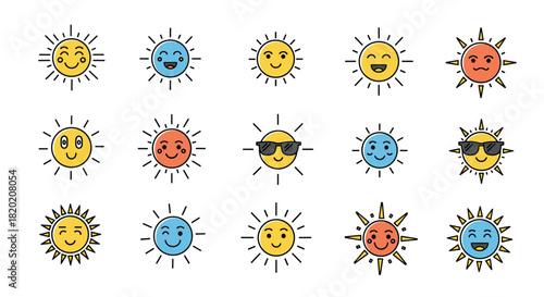 Colorful collection of cute sun emoticons with various facial expressions, illustrated in a charming cartoon line art style on a clean white background.