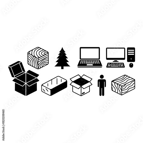 Diverse Collection of Everyday Icons featuring Boxes, Computers, Wood, Nature, and Human Symbols in a Clean Black and White Graphic Style
