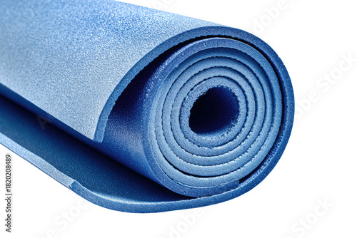 Blue foam exercise mat, rolled up tightly