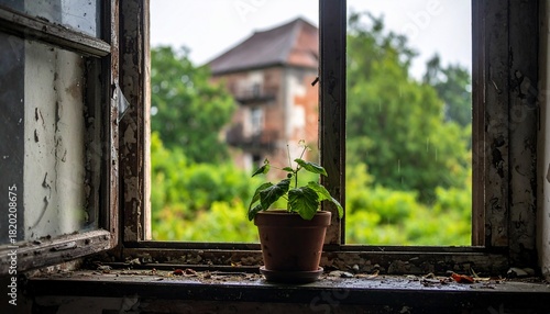 A solitary plant graces a weathered windowsill, framing an obscured distant building and lush nature