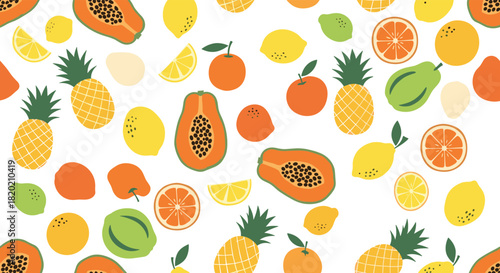 Fresh and colorful seamless pattern with a scattered arrangement of hand-drawn style tropical fruits like papaya, pineapple, and citrus on a white background.
