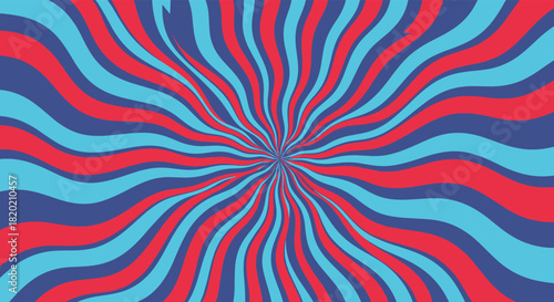 Hypnotic abstract background with swirling, wavy rays in a bold palette of red, blue, and purple, creating a dynamic psychedelic sunburst or vortex effect.