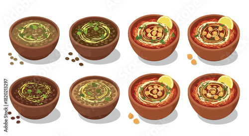 Lentil soup bowls with lemon slices