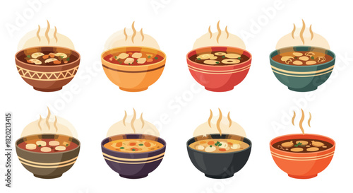 Various bowls of hot soup with steam