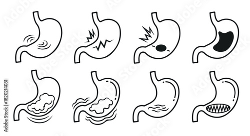 Stomach health conditions icons set with transparent background