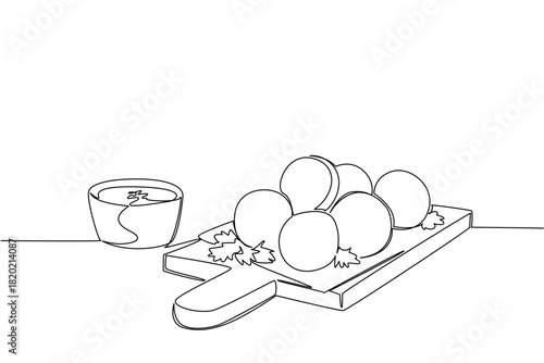 One line drawing of stacked falafel balls on a wooden board with parsley sauce, an international event concept for International Falafel Day ads, highlighting Middle Eastern flavors festive dining.​