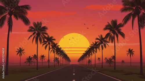 A road lined with palm trees leading to a large sun setting in a vibrant orange sky at dusk