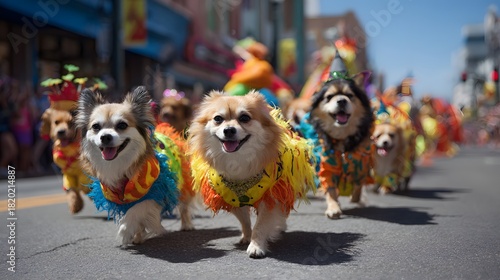 Fototapeta Naklejka Na Ścianę i Meble -  Group of happy small canines march in vibrant festive attire down a street parade