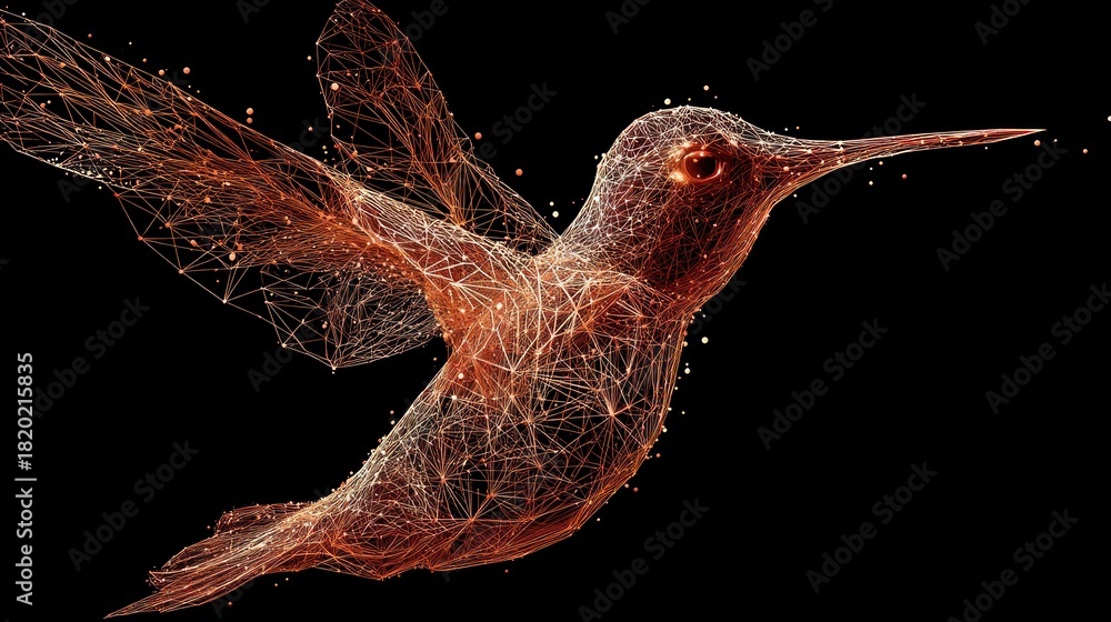 Fototapeta premium A 3D rendered hummingbird with intricate wireframe structure, flying against a black background with glowing points, evoking a sense of motion and energy.