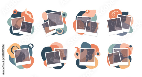 Polaroid memories with abstract shapes and pastel colors
