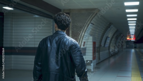 Man Walking in Modern Subway Station at Night