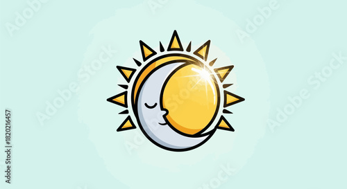 Stylized Sun and Moon Icon with Face and Triangular Rays.