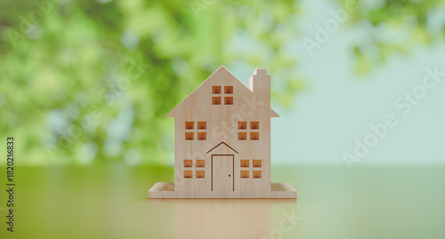 Fototapeta Naklejka Na Ścianę i Meble -  Wooden block house structure showing real estate strategy, financial stability, family wealth creation, and savings management. 3D rendering.