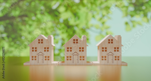 Fototapeta Naklejka Na Ścianę i Meble -  Model of three wooden block houses expressing real estate value, protection of family assets, financial planning, and economic stability. 3D rendering.