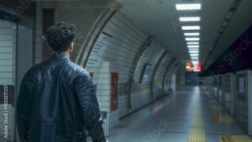 Man in Leather Jacket at Empty Subway Station
