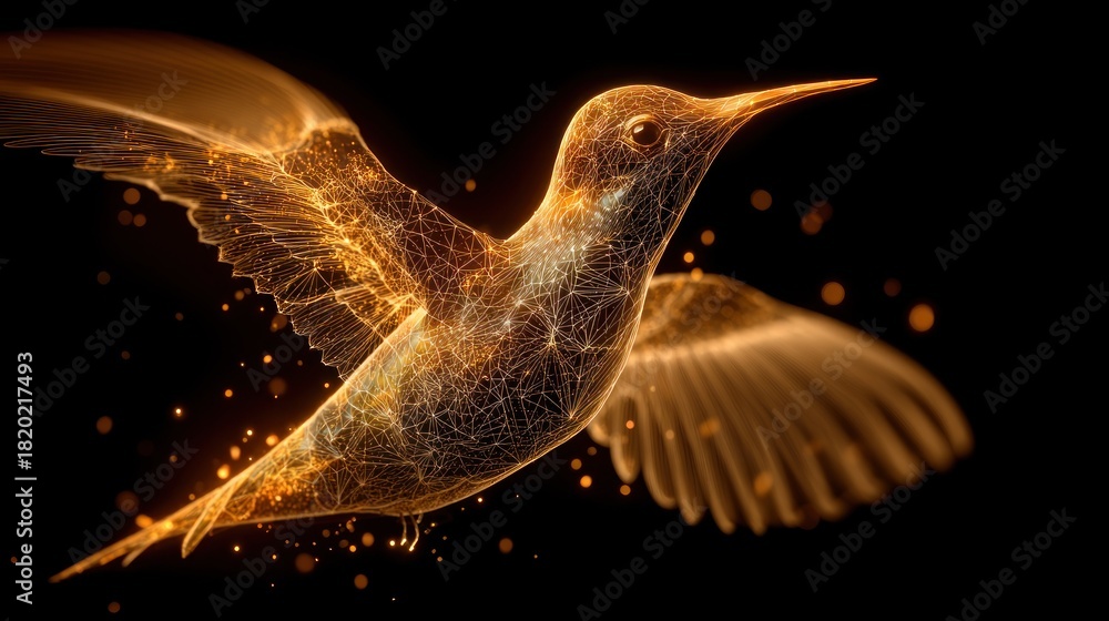 Fototapeta premium A golden hummingbird with intricate details, flying against a black background with glowing particles.
