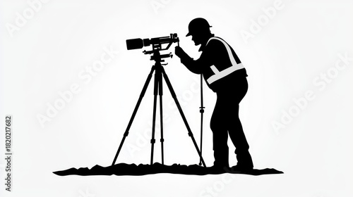 Silhouette of a Surveyor Using a Total Station on a White Background