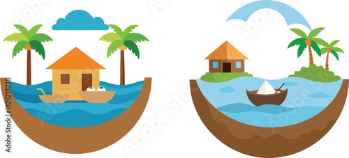 A tiny ocean village built inside a coconut half, featuring a miniature seaside town with tropical scenery, sand, shells, and water details. Perfect for creative, fantasy, or miniature art projects.