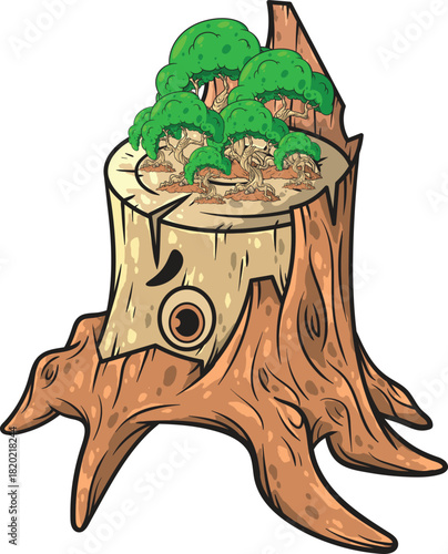 Sad Tree Stump Mascot with New Forest Growth Vector Illustration