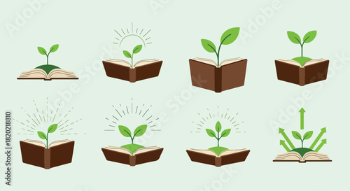 Plant growth from books concept with various stages