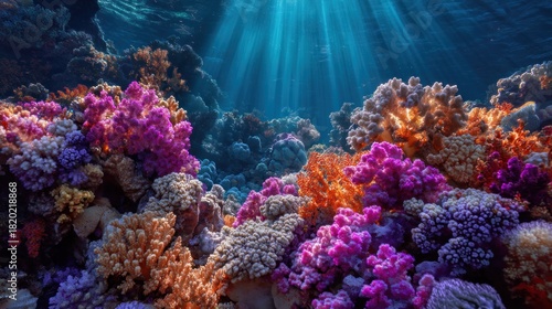 Fototapeta Naklejka Na Ścianę i Meble -  A vibrant underwater coral reef with a variety of colorful corals and a sun beam shining through the water.