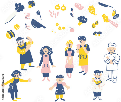 エプロンを付け料理を楽しむ人々　肌着彩の白背景用イラスト　クッキングを楽しむ人々シリーズ
