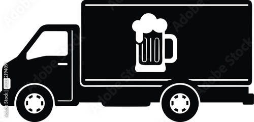 Black silhouette of a delivery truck with a frothy beer mug graphic on its side lorry