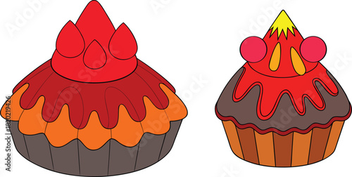 Mini volcano landscape created from a cupcake, dessert art, edible volcano, creative baking, miniature dessert scene, whimsical food art, cupcake volcano, imaginative edible landscape.