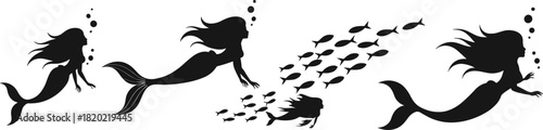 Black silhouette of four mermaids swimming with a school of fish and bubbles white