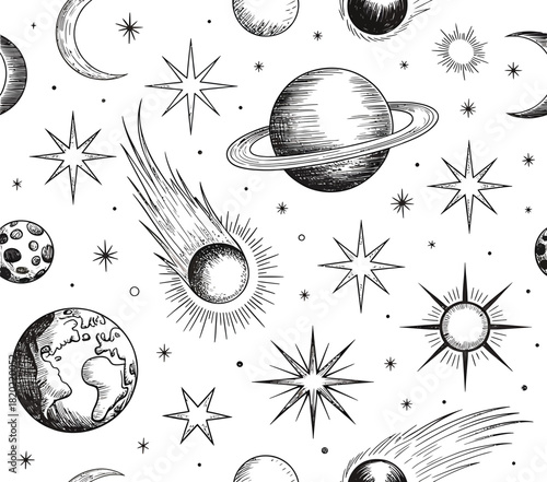 Hand drawn celestial seamless pattern with planets stars comets and moon illustrations