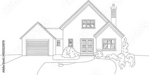 Hand drawn sketch of a charming detached house with an attached garage and garden