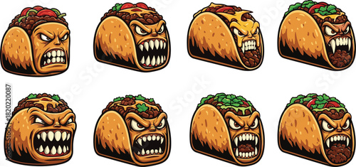 Eight cartoon tacos with angry faces and sharp teeth on white background food