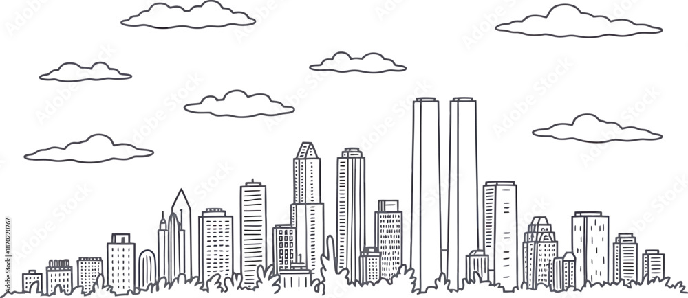 Obraz premium Hand drawn sketch of a modern city skyline with fluffy clouds against a white background