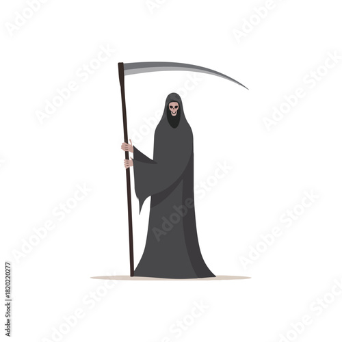 Grim Reaper with Scythe Against White Background, Halloween Icon