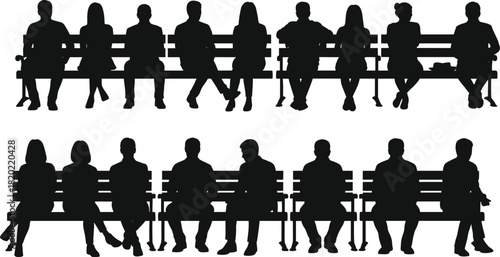 Silhouettes of diverse people sitting on park benches in black and white vector