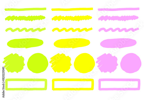 複数色の蛍光マーカーで描かれた手描き風のラインや丸型図形をまとめたデザイン素材集を表現したイラスト｜強調表示やノート装飾に使いやすい独立したベクターのアクセントデザイン