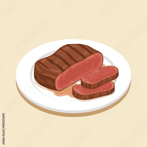 Juicy medium rare beef steak sliced on plate flat vector illustration