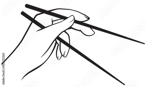 Simple Black and White Chopstick Grip Illustration Featuring Hand Position for Asian Cuisine, Table Manners, and Culinary Graphics