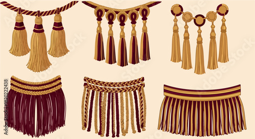 Gold and burgundy tassels and braids decorative elements