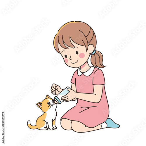 Adorable young girl lovingly bottle-feeding a small kitten, showcasing gentle care and compassion for animals, a heartwarming moment of nurturing an infant pet