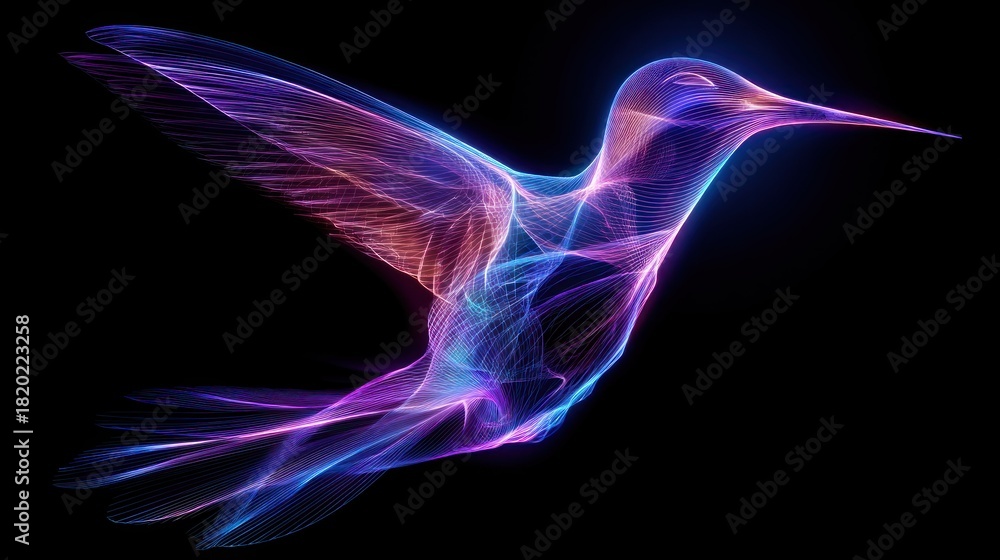 Obraz premium A colorful, abstract hummingbird with glowing, neon-like lines and patterns against a black background, with a blurred, ethereal effect, giving it a surreal, dreamlike appearance.