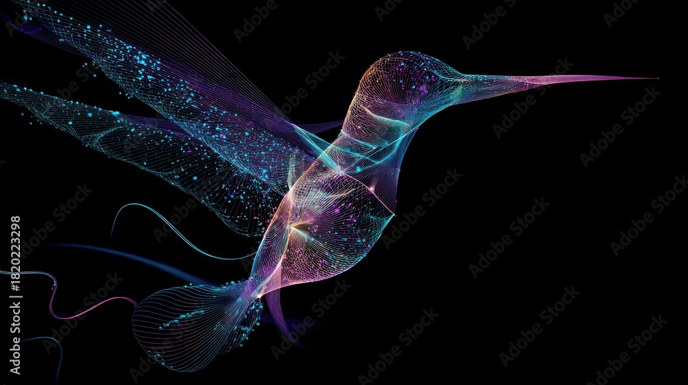 Fototapeta premium A colorful, abstract hummingbird design with a black background, featuring a mix of blue, purple, and pink hues.
