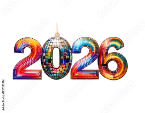  Retro 2026 Groovy Party Graphic with Rainbow Stripes and Disco Elements, Vintage Festive PNG